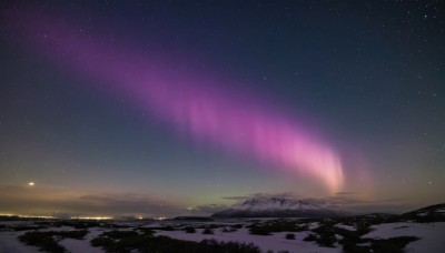 outdoors,sky,water,no humans,night,star (sky),night sky,scenery,starry sky,mountain,horizon,landscape,aurora,cloud,star (symbol),tree,snow,winter,sunrise,milky way