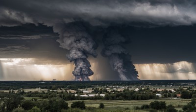 outdoors,sky,cloud,water,tree,no humans,ocean,sunlight,cloudy sky,grass,building,nature,scenery,forest,monster,mountain,horizon,landscape,eldritch abomination,day,light rays,city,sunbeam