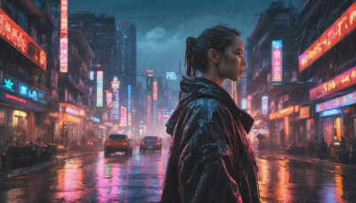 1girl, solo, black hair, jacket, upper body, ponytail, outdoors, sky, from side, wet, profile, night, ground vehicle, building, motor vehicle, reflection, rain, city, sign, realistic, car, road, cyberpunk, neon lights