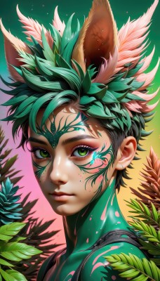 solo,looking at viewer,short hair,1boy,animal ears,closed mouth,green eyes,upper body,male focus,green hair,artist name,lips,gradient,fox ears,gradient background,eyelashes,bodysuit,makeup,leaf,facial mark,plant,portrait,extra ears,eyeshadow,freckles,nose,eyeliner,facepaint,multicolored hair,watermark,pink background,feathers,spiked hair,web address,bodypaint