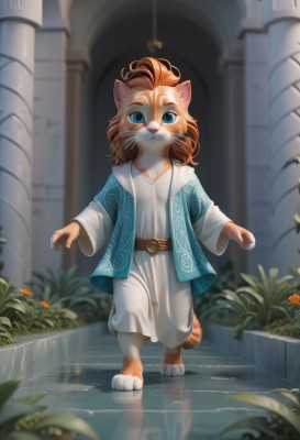 solo,looking at viewer,blue eyes,long sleeves,1boy,animal ears,standing,tail,full body,flower,male focus,outdoors,barefoot,belt,cat ears,wide sleeves,water,blurry,no humans,depth of field,blurry background,animal,cat,plant,furry,reflection,robe,brown belt,furry male,body fur,animal focus,white fur,pillar,whiskers,brown fur,orange flower,tunic,column,orange fur,dress,open clothes,artist name,white dress,watermark,grass,walking,stairs,two-tone fur,white robe