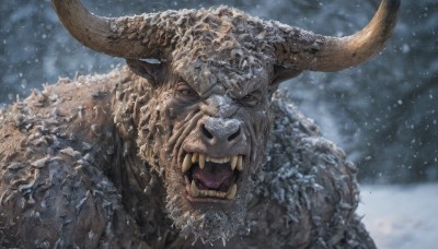 solo,looking at viewer,open mouth,blue eyes,1boy,upper body,male focus,outdoors,horns,teeth,blurry,no humans,fangs,snow,monster,snowing,realistic,white eyes,tusks,grey eyes,blurry background,helmet,sharp teeth,portrait,fake horns,horned helmet