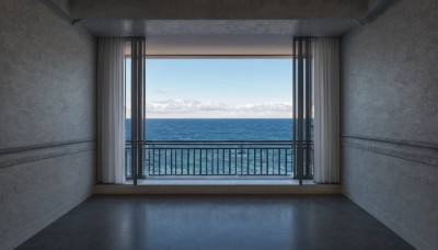 outdoors,sky,day,cloud,indoors,water,blue sky,no humans,window,shadow,ocean,scenery,door,railing,horizon,balcony,cloudy sky,curtains,reflection,wooden floor,floor,hallway,reflective floor