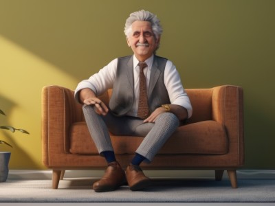 solo,looking at viewer,smile,shirt,long sleeves,1boy,jewelry,sitting,full body,closed eyes,white shirt,white hair,grey hair,male focus,necktie,shoes,socks,collared shirt,pants,indoors,grin,vest,shadow,facial hair,chair,brown footwear,formal,ring,suit,plant,black socks,couch,watch,realistic,mustache,wristwatch,potted plant,grey pants,hand on own knee,old,old man,brown vest,pinstripe pattern,armchair,grey vest,striped pants,grey socks,brown necktie,brown eyes,striped