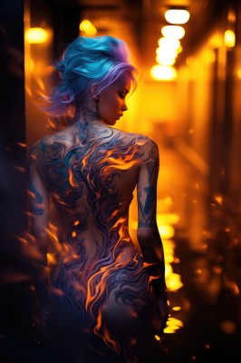 1girl,solo,looking at viewer,short hair,jewelry,blue hair,standing,ass,nude,multicolored hair,cowboy shot,earrings,looking back,artist name,from behind,blurry,two-tone hair,completely nude,tattoo,makeup,blurry background,back,piercing,fire,arm tattoo,back tattoo,full-body tattoo,closed eyes,dark skin,dark-skinned female,neon lights