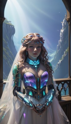 1girl,solo,long hair,breasts,looking at viewer,blue eyes,brown hair,hair ornament,dress,cleavage,jewelry,medium breasts,closed mouth,standing,cowboy shot,earrings,outdoors,parted lips,sky,day,artist name,white dress,armor,blue sky,lips,see-through,makeup,blue dress,glowing,wavy hair,sunlight,own hands together,tiara,lipstick,shoulder armor,gauntlets,gem,veil,backlighting,light rays,nose,red lips,mechanical arms,pillar,column,head chain,blush,blonde hair,holding,braid,teeth,watermark,half-closed eyes,strapless dress,science fiction,curly hair,realistic,android,joints,cyborg,single mechanical arm,prosthesis,robot joints,prosthetic arm