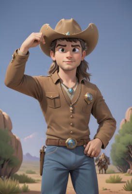 long hair,looking at viewer,smile,brown hair,shirt,long sleeves,1boy,hat,brown eyes,jewelry,closed mouth,standing,jacket,weapon,male focus,cowboy shot,outdoors,multiple boys,sky,solo focus,day,collared shirt,belt,pants,artist name,medium hair,necklace,blurry,tree,blue sky,lips,hand on hip,gun,buttons,blurry background,facial hair,thick eyebrows,denim,beard,handgun,pocket,jeans,belt buckle,brown headwear,blue pants,brown belt,breast pocket,holster,brown shirt,horse,cowboy hat,cowboy western,leather belt,solo,short hair,muscular,pectorals,muscular male,bara,brown jacket,sideburns,rock,mature male,stubble,leather,leather jacket,horseback riding,holstered weapon