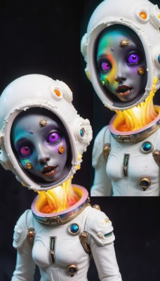 1girl,breasts,looking at viewer,open mouth,purple eyes,upper body,small breasts,parted lips,teeth,lips,makeup,multiple views,helmet,lipstick,black background,zipper,reflection,science fiction,realistic,space,horror (theme),spacesuit,eye focus,space helmet,astronaut,covered nipples,bodysuit,split screen