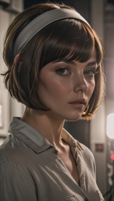 1girl,solo,looking at viewer,short hair,bangs,brown hair,shirt,brown eyes,white shirt,upper body,hairband,parted lips,collared shirt,artist name,indoors,mole,blurry,lips,eyelashes,buttons,depth of field,blurry background,bob cut,grey shirt,freckles,white hairband,realistic,nose,black hair,outdoors,teeth,portrait,backlighting