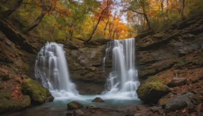 outdoors, sky, day, water, tree, no humans, leaf, nature, scenery, forest, rock, autumn leaves, river, waterfall