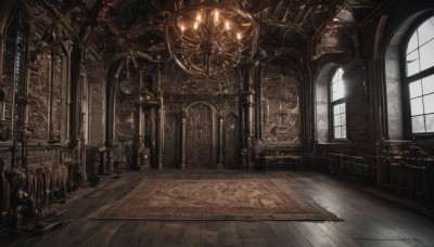 day,indoors,dutch angle,no humans,window,chair,table,sunlight,scenery,wooden floor,stairs,fantasy,door,candle,architecture,pillar,carpet,church,arch,candlestand,chandelier,fire,clock,fireplace