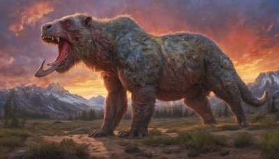 open mouth,tail,outdoors,horns,sky,teeth,tongue,cloud,no humans,fangs,cloudy sky,grass,sharp teeth,scenery,claws,sunset,monster,mountain,dinosaur,solo,animal,realistic,red sky