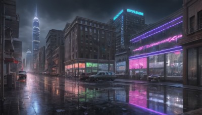 outdoors,sky,cloud,water,no humans,window,night,cloudy sky,ground vehicle,building,night sky,scenery,motor vehicle,reflection,rain,city,sign,car,road,cityscape,lamppost,street,skyscraper,puddle,city lights,neon lights,reflective water,english text,dark,crosswalk