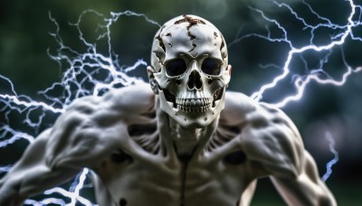 solo,looking at viewer,1boy,upper body,male focus,teeth,blurry,no humans,muscular,blurry background,veins,skull,realistic,electricity,bald,skeleton,lightning,bone