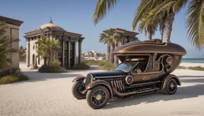 outdoors,sky,day,artist name,tree,blue sky,no humans,window,shadow,ocean,watermark,beach,ground vehicle,building,scenery,motor vehicle,sand,palm tree,car,vehicle focus,wheel,truck,tire,water,road,bush