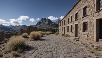 outdoors,sky,day,cloud,tree,blue sky,no humans,window,cloudy sky,grass,building,scenery,mountain,fence,door,road,wall,house,path,rock,landscape