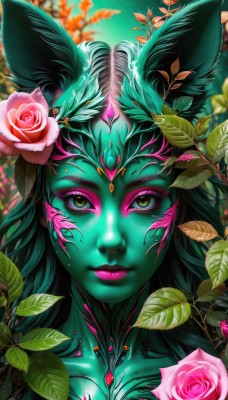 1girl,solo,long hair,looking at viewer,hair ornament,animal ears,jewelry,closed mouth,green eyes,yellow eyes,flower,green hair,horns,artist name,hair flower,blurry,lips,fox ears,eyelashes,makeup,blurry background,rose,colored skin,leaf,facial mark,plant,lipstick,monster girl,red flower,portrait,pink flower,eyeshadow,red rose,nose,eyeliner,green skin,pink rose,mascara,plant girl,rabbit ears,forehead jewel