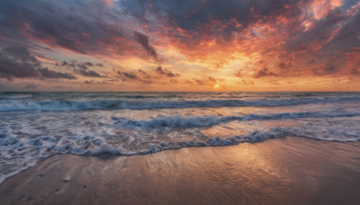 outdoors, sky, cloud, water, dutch angle, no humans, ocean, beach, cloudy sky, scenery, sunset, sand, horizon, waves, shore