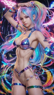 1girl,solo,long hair,breasts,looking at viewer,blue eyes,navel,cleavage,jewelry,medium breasts,blue hair,purple eyes,swimsuit,ponytail,pink hair,purple hair,bikini,multicolored hair,choker,belt,necklace,arm up,bracelet,two-tone hair,lips,thigh strap,bottomless,bikini top only,realistic,cowboy shot,collar,hand on own head