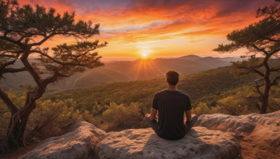 solo, shirt, black hair, 1boy, sitting, male focus, outdoors, sky, pants, cloud, from behind, tree, black shirt, nature, scenery, sunset, mountain, sun, indian style