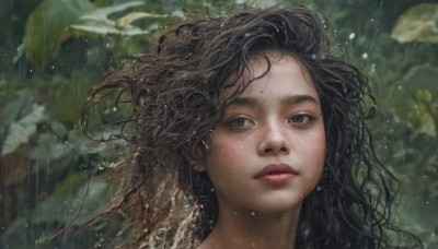 1girl,solo,long hair,looking at viewer,brown hair,black hair,brown eyes,closed mouth,outdoors,parted lips,water,blurry,black eyes,lips,wet,looking to the side,floating hair,blurry background,leaf,wavy hair,looking away,messy hair,portrait,freckles,rain,water drop,realistic,nose,red lips,wet hair,depth of field,expressionless,thick eyebrows,wind,nature