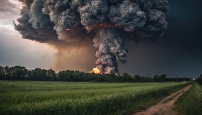 outdoors,sky,cloud,tree,no humans,glowing,cloudy sky,grass,fire,nature,scenery,forest,smoke,monster,road,explosion,power lines,night,field