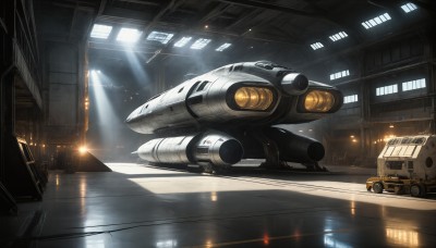 HQ,indoors,military,no humans,window,sunlight,robot,ground vehicle,building,scenery,motor vehicle,reflection,science fiction,light rays,realistic,aircraft,military vehicle,light,sunbeam,vehicle focus,spacecraft,hallway,lights,signature,mecha,space