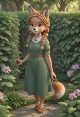 1girl,solo,long hair,breasts,looking at viewer,smile,bangs,brown hair,dress,holding,animal ears,brown eyes,jewelry,closed mouth,standing,tail,full body,braid,flower,short sleeves,hairband,small breasts,outdoors,shoes,day,puffy sleeves,belt,artist name,signature,necklace,blurry,twin braids,tree,puffy short sleeves,animal ear fluff,fox ears,buttons,depth of field,blurry background,fox tail,leaf,watermark,brown footwear,sandals,happy,sunlight,thick eyebrows,grass,plant,fox girl,nature,hair over shoulder,furry,buckle,forest,freckles,green dress,pouch,hair tie,purple flower,furry female,collared dress,female child,pinafore dress,brown belt,bush,body fur,animal nose,snout,brown fur,two-tone fur,path,pavement,orange fur,foliage,earrings,dog ears,extra ears,dog tail,dog girl,head wreath,watering can