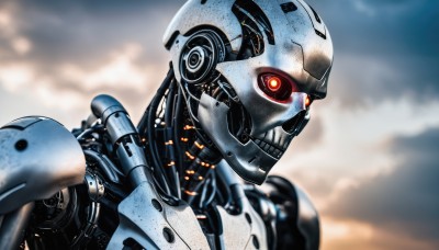 solo,red eyes,1boy,upper body,male focus,sky,cloud,blurry,no humans,blurry background,glowing,helmet,cloudy sky,robot,portrait,mecha,glowing eyes,science fiction,realistic,android,cable,cyborg,damaged,humanoid robot,armor,from side,orange eyes,depth of field,close-up,robot joints,power armor,cyberpunk,mechanical parts