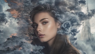 1girl,solo,long hair,looking at viewer,blue eyes,brown hair,black hair,outdoors,parted lips,sky,cloud,lips,cloudy sky,building,portrait,scenery,smoke,city,realistic,nose,castle,fog,blurry,tree