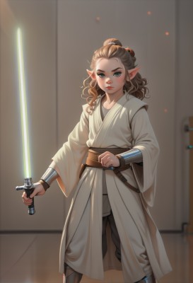 1girl,solo,long hair,looking at viewer,blue eyes,brown hair,holding,closed mouth,standing,weapon,pointy ears,sword,indoors,holding weapon,armor,lips,grey eyes,holding sword,elf,science fiction,robe,bracer,hair pulled back,energy sword,tunic,white robe,lightsaber,hair ornament,long sleeves,jewelry,boots,belt,wide sleeves,forehead,fighting stance,nose,knee pads