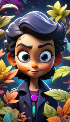 1girl,solo,looking at viewer,smile,short hair,blue eyes,shirt,black hair,closed mouth,jacket,upper body,flower,dark skin,blurry,dark-skinned female,lips,leaf,thick eyebrows,child,freckles,female child,denim jacket,open jacket,yellow flower,purple shirt