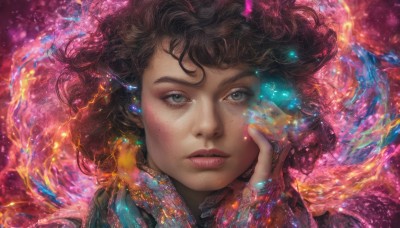 1girl,solo,looking at viewer,brown hair,black hair,brown eyes,parted lips,hand up,lips,eyelashes,floating hair,glowing,watermark,portrait,hand on own face,freckles,curly hair,head rest,realistic,nose,hand on own cheek,colorful,long hair,bangs,green eyes,wind,light particles