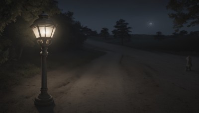 1girl,solo,outdoors,sky,tree,no humans,night,moon,star (sky),night sky,scenery,lantern,road,bush,lamppost,path,grass,light,dark