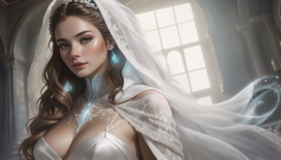 1girl,solo,long hair,breasts,looking at viewer,blue eyes,large breasts,brown hair,dress,cleavage,jewelry,upper body,earrings,parted lips,artist name,indoors,signature,necklace,cape,white dress,lips,eyelashes,window,watermark,wavy hair,gem,veil,wedding dress,realistic,nose,red lips,bridal veil,bride,church,blush,medium breasts,see-through,tiara