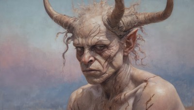 solo,looking at viewer,1boy,closed mouth,upper body,male focus,horns,pointy ears,blue background,demon horns,portrait,realistic,green eyes,white hair,grey eyes,colored skin,bandages,veins