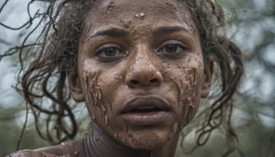 1girl,solo,looking at viewer,open mouth,brown hair,twintails,brown eyes,parted lips,teeth,dark skin,blurry,dark-skinned female,lips,depth of field,blurry background,portrait,close-up,realistic,black hair,black eyes,dirty