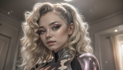 1girl,solo,long hair,looking at viewer,blonde hair,twintails,brown eyes,upper body,parted lips,indoors,dark skin,star (symbol),armor,blurry,dark-skinned female,lips,grey eyes,eyelashes,bodysuit,tattoo,makeup,blurry background,wavy hair,hand on own chest,portrait,forehead,eyeshadow,curly hair,realistic,nose,facial tattoo,mascara,artist name,mole,window,depth of field,thick eyebrows,eyeliner