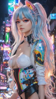 1girl,solo,long hair,breasts,looking at viewer,bangs,blue eyes,hair ornament,navel,animal ears,cleavage,medium breasts,very long hair,blue hair,upper body,ponytail,white hair,multicolored hair,outdoors,cat ears,blurry,lips,night,blurry background,fake animal ears,headgear,sleeves rolled up,science fiction,cyberpunk,long sleeves,twintails,closed mouth,standing,collarbone,sidelocks,cowboy shot,small breasts,sky,belt,artist name,signature,armor,from side,leotard,eyelashes,makeup,depth of field,expressionless,building,pink lips,city,realistic,nose,arms at sides,cityscape,cyborg,bokeh,skyscraper,mascara,city lights