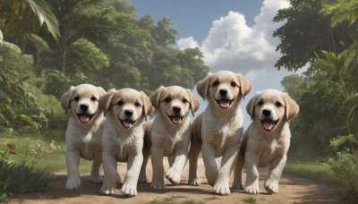 open mouth,flower,outdoors,sky,day,tongue,cloud,tongue out,tree,blue sky,no humans,animal,cloudy sky,grass,plant,nature,scenery,forest,dog,realistic,animal focus,looking at viewer,signature,leaf,bug