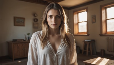 1girl,solo,long hair,breasts,looking at viewer,blonde hair,brown hair,shirt,black hair,cleavage,brown eyes,medium breasts,closed mouth,collarbone,white shirt,upper body,multicolored hair,small breasts,day,collared shirt,indoors,mole,blurry,lips,window,dress shirt,no bra,depth of field,blurry background,chair,table,sunlight,plant,messy hair,forehead,freckles,mole on breast,realistic,nose,partially unbuttoned,painting (object),open clothes,open shirt,unbuttoned,photo (object)