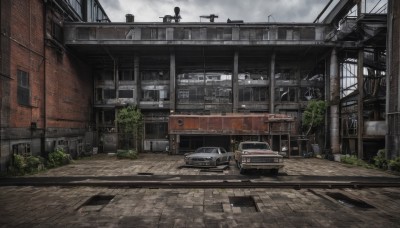 outdoors,sky,day,cloud,tree,no humans,window,cloudy sky,plant,ground vehicle,building,scenery,motor vehicle,city,sign,car,road,ruins,vehicle focus,lamppost,street,real world location,realistic