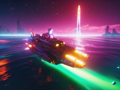 outdoors,sky,cloud,water,no humans,night,glowing,ocean,star (sky),night sky,scenery,starry sky,science fiction,horizon,space,watercraft,vehicle focus,spacecraft,lights,purple sky,aurora,signature,flying,planet,city lights