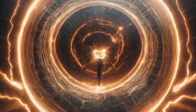 solo,1boy,standing,male focus,pants,from behind,glowing,black pants,scenery,light particles,1other,floating,electricity,wide shot,orange theme,halo,star (sky),science fiction,light rays,fantasy,sun,light,space,planet,energy