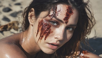 1girl,solo,long hair,looking at viewer,brown hair,black hair,brown eyes,parted lips,medium hair,blurry,lips,blood,depth of field,blurry background,messy hair,portrait,blood on face,realistic,short hair,bare shoulders,grey eyes,close-up,freckles,nose