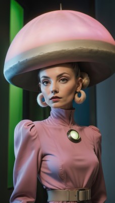 1girl,solo,breasts,looking at viewer,short hair,brown hair,black hair,long sleeves,hat,dress,brown eyes,jewelry,medium breasts,closed mouth,upper body,earrings,belt,hair bun,lips,makeup,lipstick,pink dress,realistic,red lips,pink headwear,blonde hair,turtleneck,single hair bun,brooch,nose,mushroom