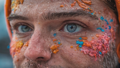 solo, blue eyes, 1boy, male focus, blurry, facial hair, close-up, fish, realistic, clownfish