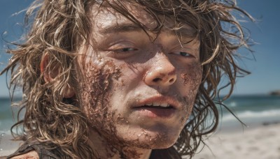 1girl,solo,short hair,brown hair,outdoors,parted lips,sky,teeth,day,water,blurry,black eyes,blue sky,lips,wet,depth of field,blurry background,ocean,beach,half-closed eyes,messy hair,portrait,close-up,realistic,sand,dirty,dirty face,looking at viewer,blonde hair,1boy,male focus,facial hair,wind,stubble