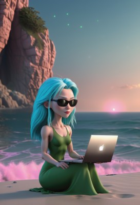 1girl,solo,long hair,breasts,smile,dress,cleavage,bare shoulders,sitting,closed mouth,blue hair,collarbone,small breasts,outdoors,sky,sleeveless,artist name,water,lips,aqua hair,sleeveless dress,ocean,beach,sunglasses,green dress,sunset,sun,horizon,computer,laptop,blush,medium breasts,full body,watermark,web address,forehead,nose,sand,long dress