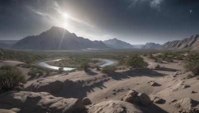 outdoors,sky,cloud,water,tree,no humans,night,moon,sunlight,grass,star (sky),nature,night sky,scenery,forest,starry sky,rock,mountain,sun,river,landscape,lake,cliff,day,cloudy sky,light rays,sand,horizon,road,planet,mountainous horizon,path,hill,desert